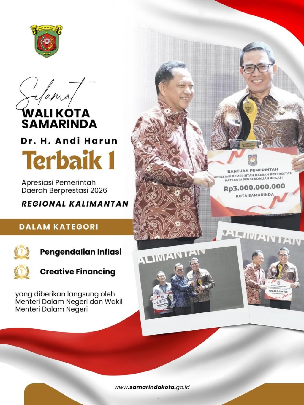 Wali Kota Samarinda, Dr. H. Andi Harun, secara resmi menerima 2 (dua) kategori penghargaan Apresiasi Pemerintah Daerah Berprestasi Regional Kalimantan.