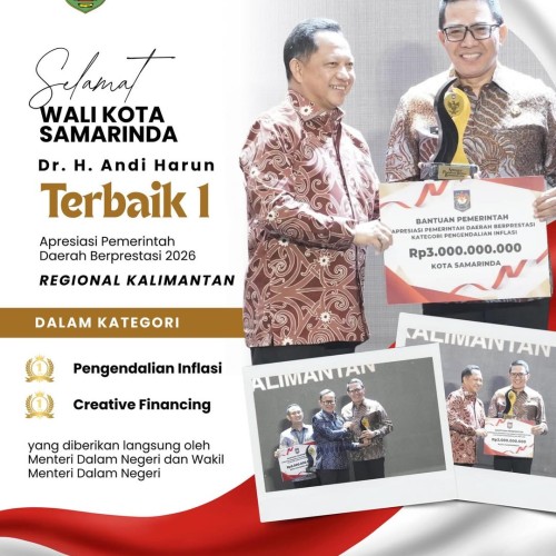 Wali Kota Samarinda, Dr. H. Andi Harun, secara resmi menerima 2 (dua) kategori penghargaan Apresiasi Pemerintah Daerah Berprestasi Regional Kalimantan.
